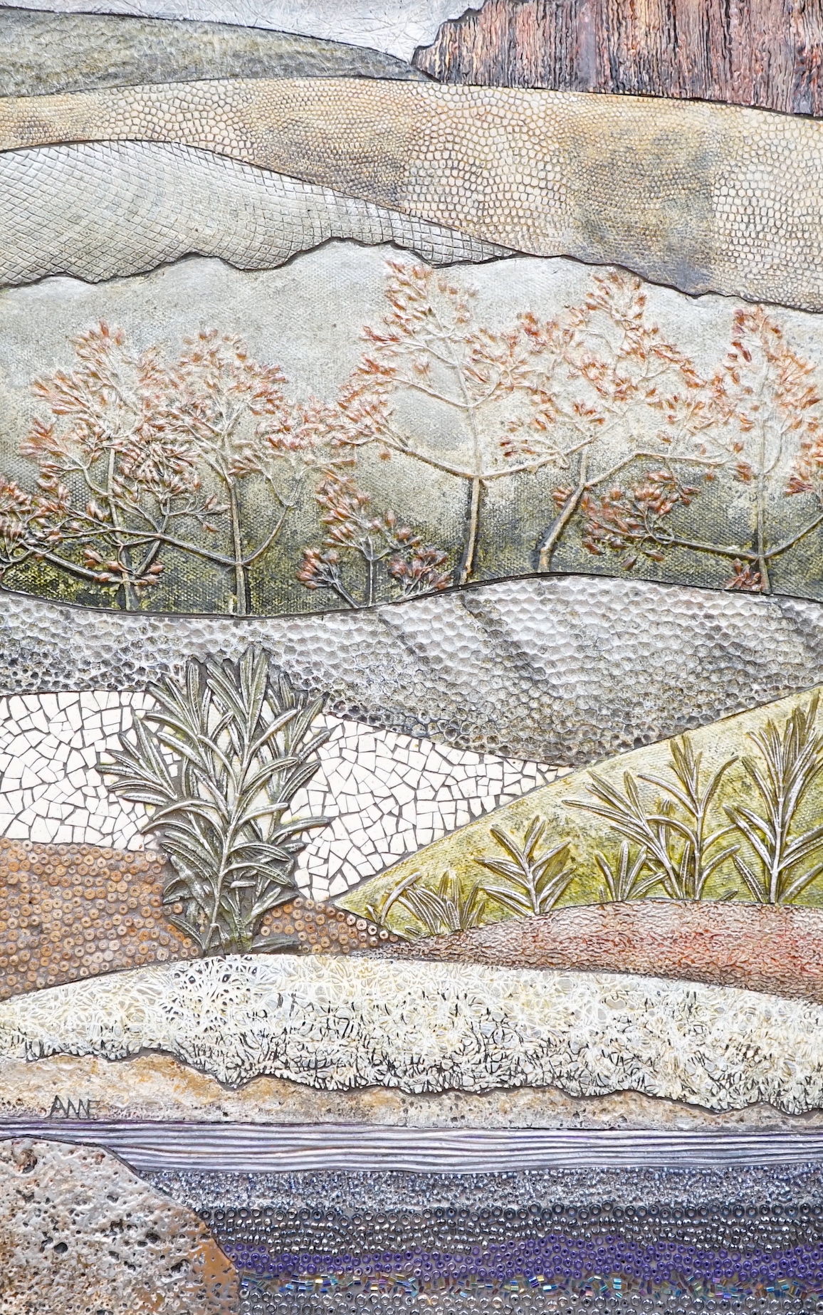 Anne Raubenheimer (contemporary, South African), mixed media and collage plaque, Rosemary Stream, signed, 43 x 26cm